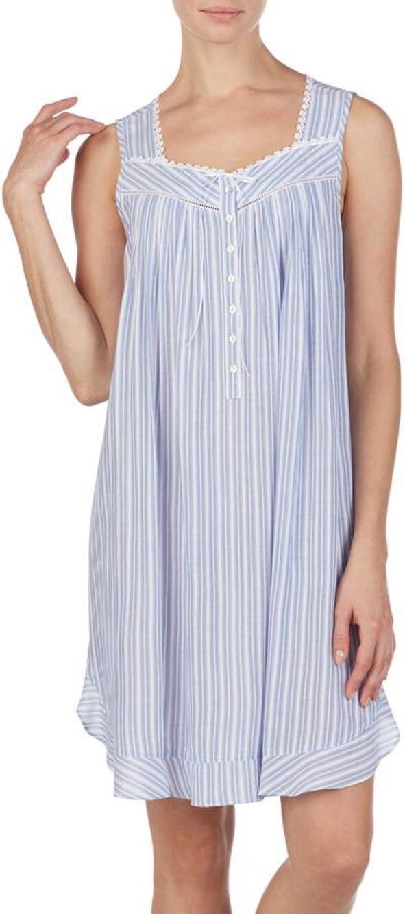 EILEEN WEST Blue Stripe Lace Trim Sleeveless Chemise Short Nightgown Small